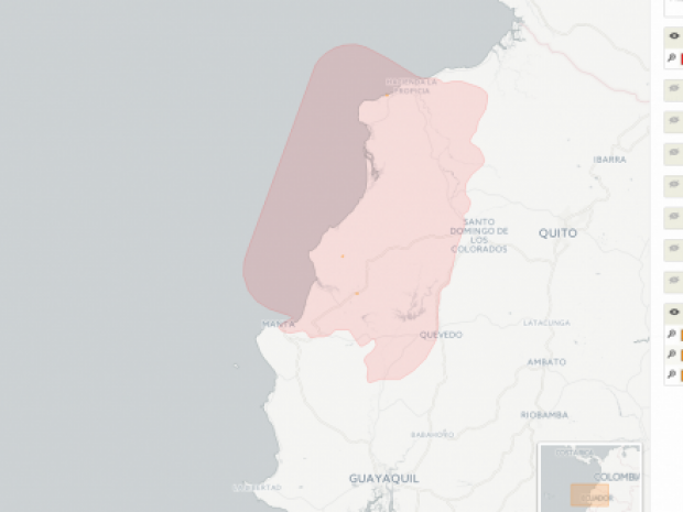 OpenAerialMap image of the earthquake affected area and locations where drones collected information.