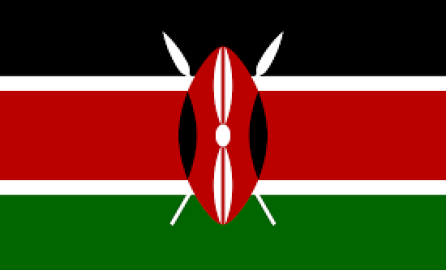 Kenya's flag full image: a tricolour of black, red, and green with two white edges imposed with a red, white and black Maasai shield and two crossed spears