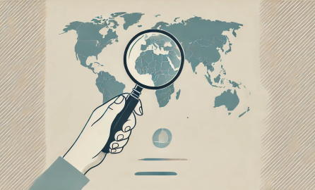 World map with a hand holding a magnifying glass over a region, symbolizing focused global analysis