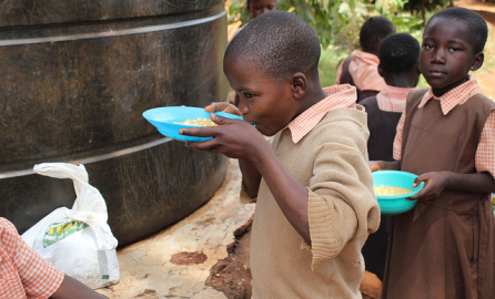 Photo of a child eating with another one next to him with a plate of food on their hands