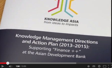 Picture of a leaflet with the title and sub-title: Knowledge Asia from ideas to impacts; Knowledge Management Directions and Action Plan (2013-2015): Supporting "Finance ++" at the Asian Development Bank