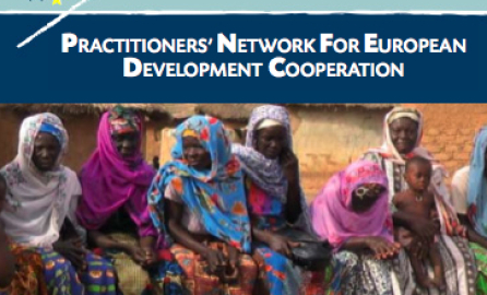 Photography of six women sitting on a bench and a frame with the words "Practitioners' Network for European Development Cooperation"