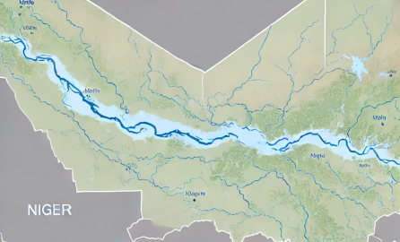 Illustrative map of the Niger River Basin, showing the river's path and its major tributaries across Mali, Niger, and Nigeria. Soft blues represent the river, with greens and browns indicating natural terrain and elevation.