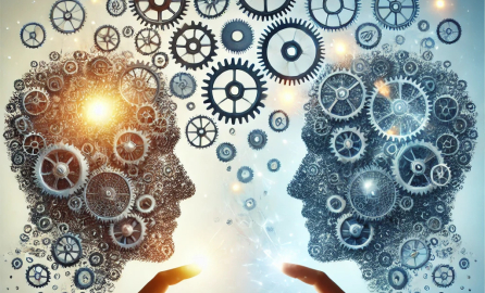 Two human head silhouettes made of interconnected gears face each other, with gears flowing from one to the other, symbolizing knowledge transfer and collaboration.