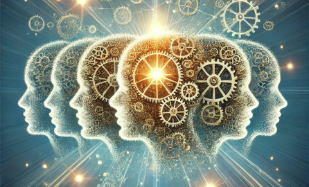 Developing the collective change capacity of societies interconnected human silhouettes with glowing gears symbolizing unity, collaboration, and societal impact.