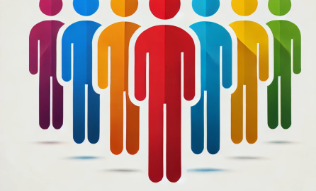 A simple, colorful image with seven human icons standing in a line, each in a different vibrant color. The icons are uniform in shape and size, emphasizing unity while showcasing individuality with varied colors like blue, green, yellow, red, purple, and orange. White background.