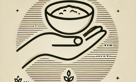 A hand passing a bowl of food, containing rice and vegetables, symbolizing support and nutrition. The background is simple with soft, neutral tones, emphasizing care and aid.