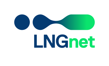 Symbol of a drop in gradient colour from blue to green, text LNGnet