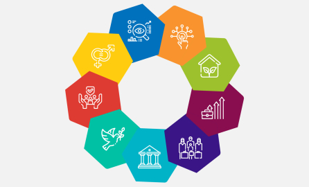 Design, Results and Reporting logo with 9 colours and symbols for thematic areas 