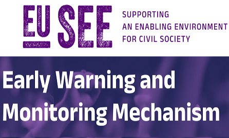 Logo in purple with the words EU SEE supporting an enabling environment for civil society early warning and monitoring mechanism
