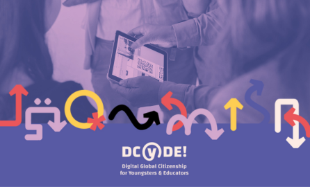 DCYDE! Letterin in beige on purple background with a picture of an IPad surrounded by many people.