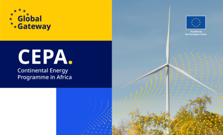 Banner for the Global Gateway CEPA Continental Energy Programme in Africa, featuring a wind turbine against a blue sky and yellow dotted graphic pattern. The design includes the Global Gateway logo, CEPA title, and “Funded by the European Union” logo.