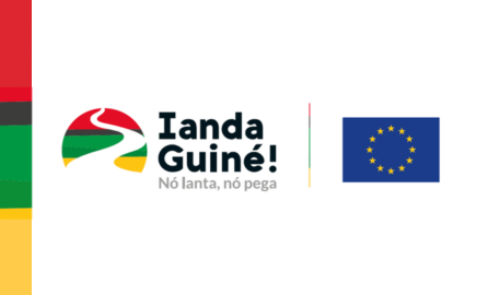 Banner featuring the Ianda Guiné! logo with the tagline “Nó lanta, nó pega”, alongside the EU flag. A vertical strip in the colours of the Guinea-Bissau flag appears on the left.