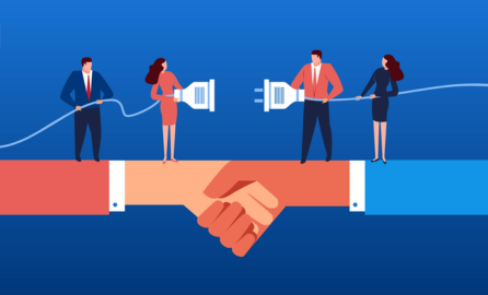 Illustration of two people connecting electric plugs above a large handshake, symbolising cooperation, partnership and connection.