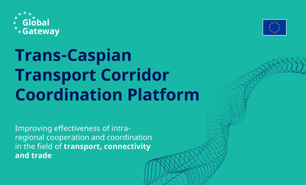 Banner for the Global Gateway and EU initiative titled “Trans-Caspian Transport Corridor Coordination Platform”, with a turquoise background, EU flag, and abstract dotted route graphic. Subtitle: “Improving effectiveness of intra-regional cooperation and coordination in the field of transport, connectivity and trade.”