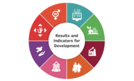 Results and Indicators logo with 8 different colours representing the thematic sectors of the European Union External Action services