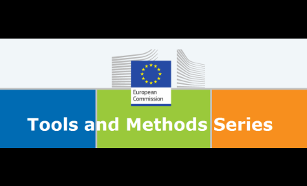Banner with 3 colours - blue, green, orange - the European Commission logo and "Tools and Methods Series" written