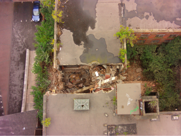 An aerial view of a damaged building can help fire fighters make decisions before entering. Image: GMFRS, November 2015.
