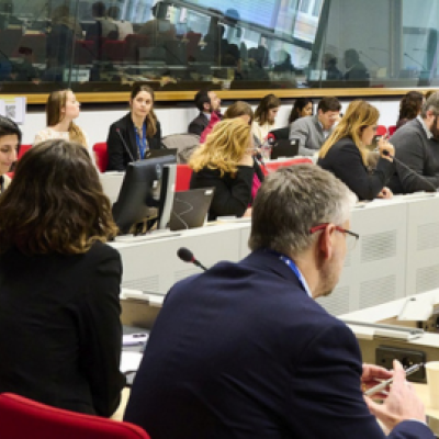Meeting room with participants seated around conference tables, working on laptops and listening to the discussion. An EU flag is visible in the foreground, with more attendees and meeting equipment in the background.