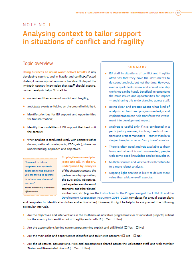 No 1 – Analysis context to tailor support in situations of conflict and fragility