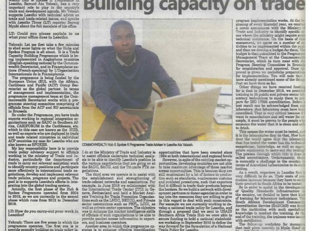 Samuel Yeboah, Hub &amp; Spokes national trade adviser, interviewed in the Lesotho Times, 16-22 June ed.