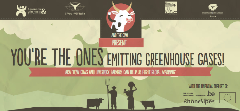 Image with caption "You're the ones emitting greenhouse gases! AKA "How cows and livestock farmers can help us fight global warming" on the bottom of the page there is two cows, a man and a woman who is holding a baby