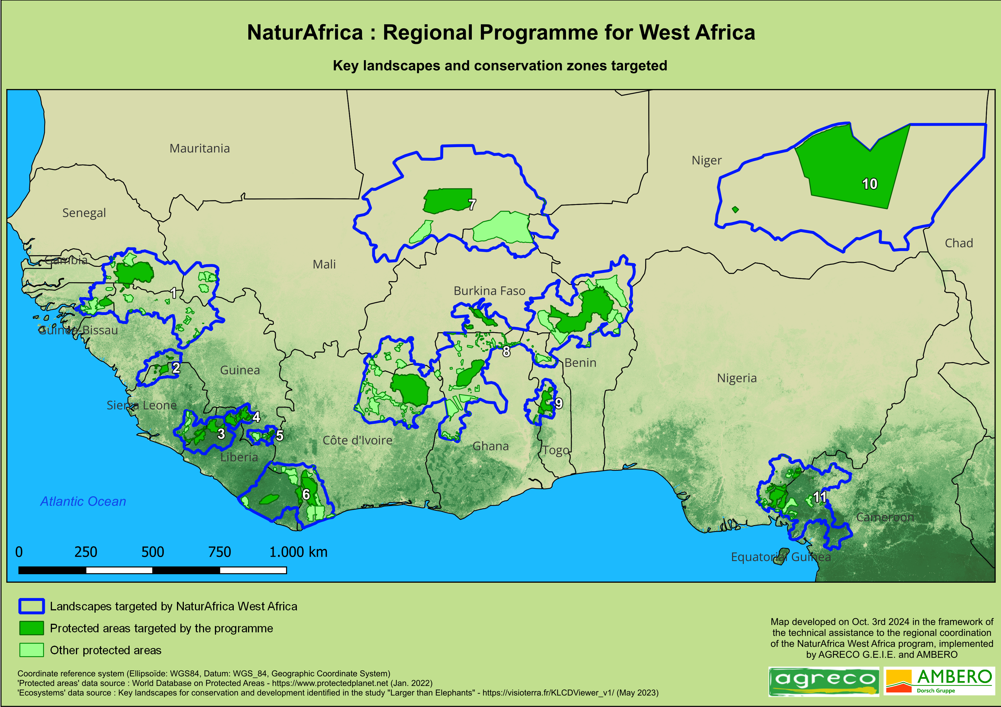 Map showing landscapes supported by NaturAfrica West Africa