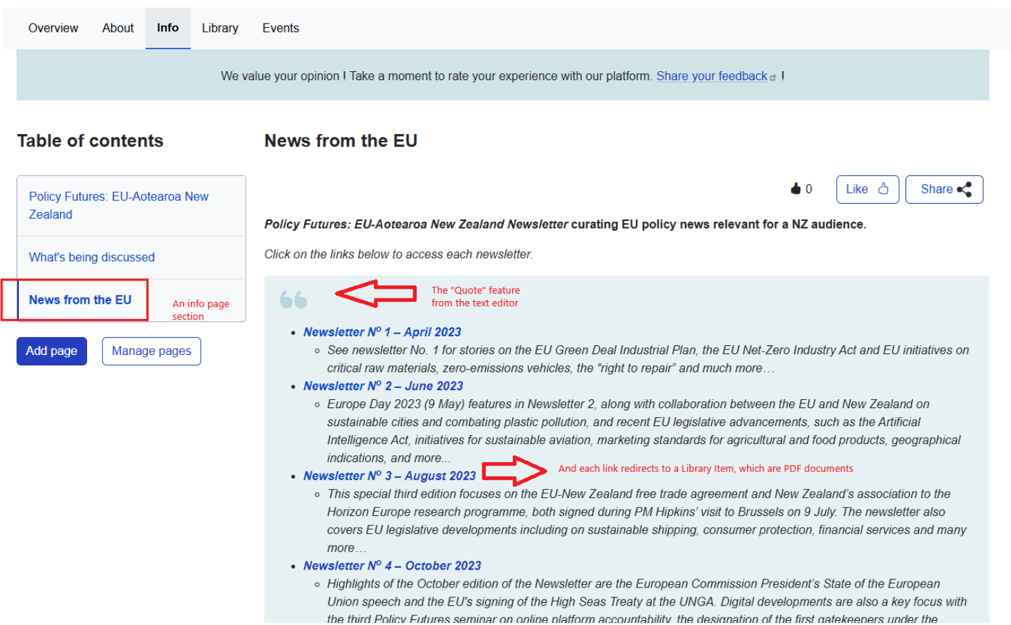 Screenshot of another project space on Capacity4dev where the user has used the quote feature to highlight information - links with the correspondent documents on the library
