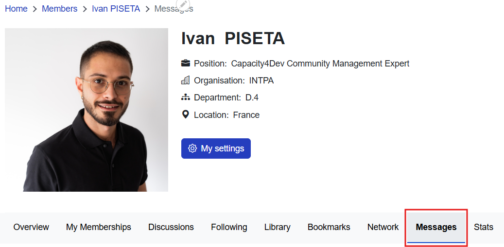 User message tab highlighted on their Profile section