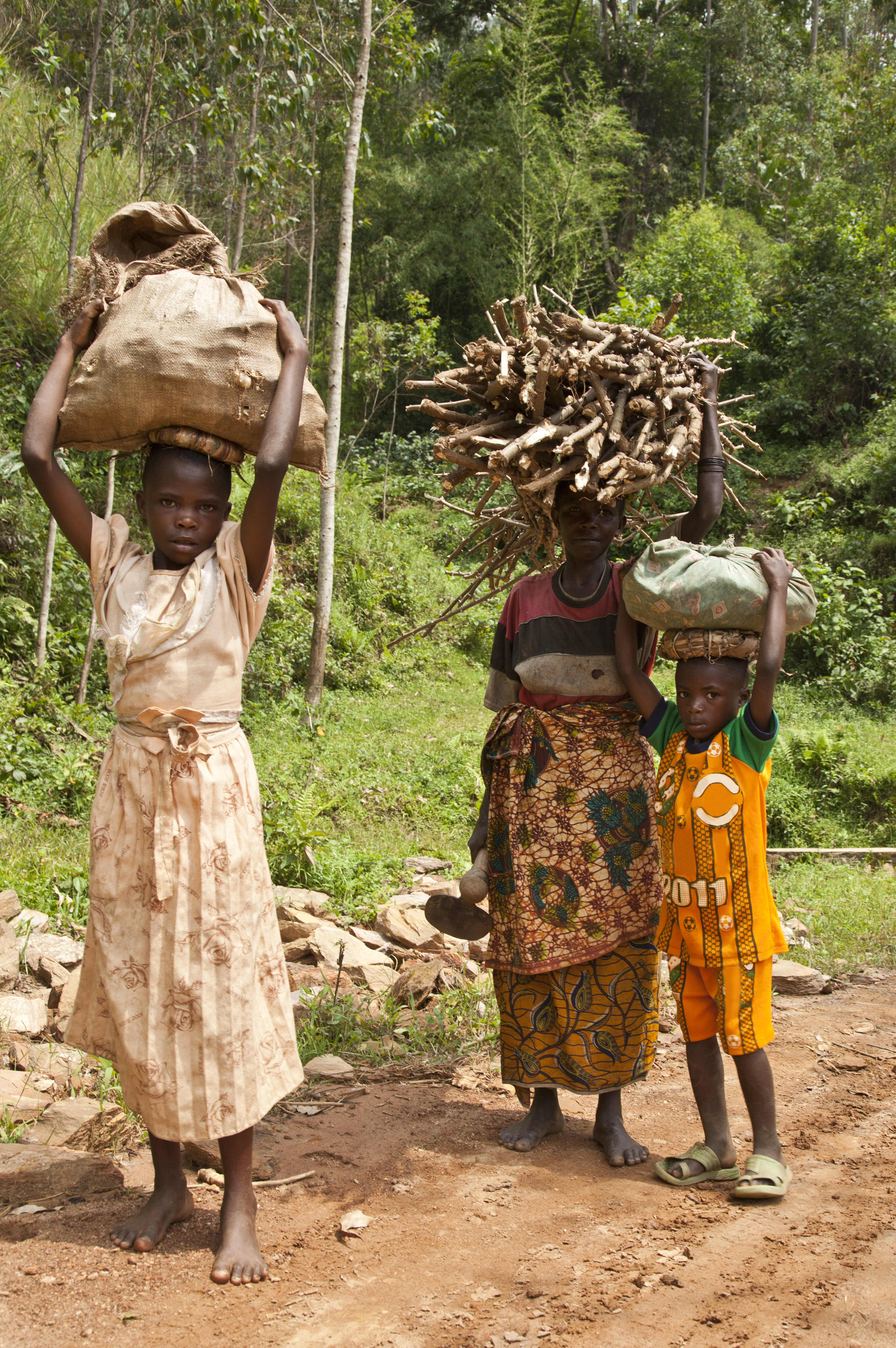 Ugandan family carrying firewood