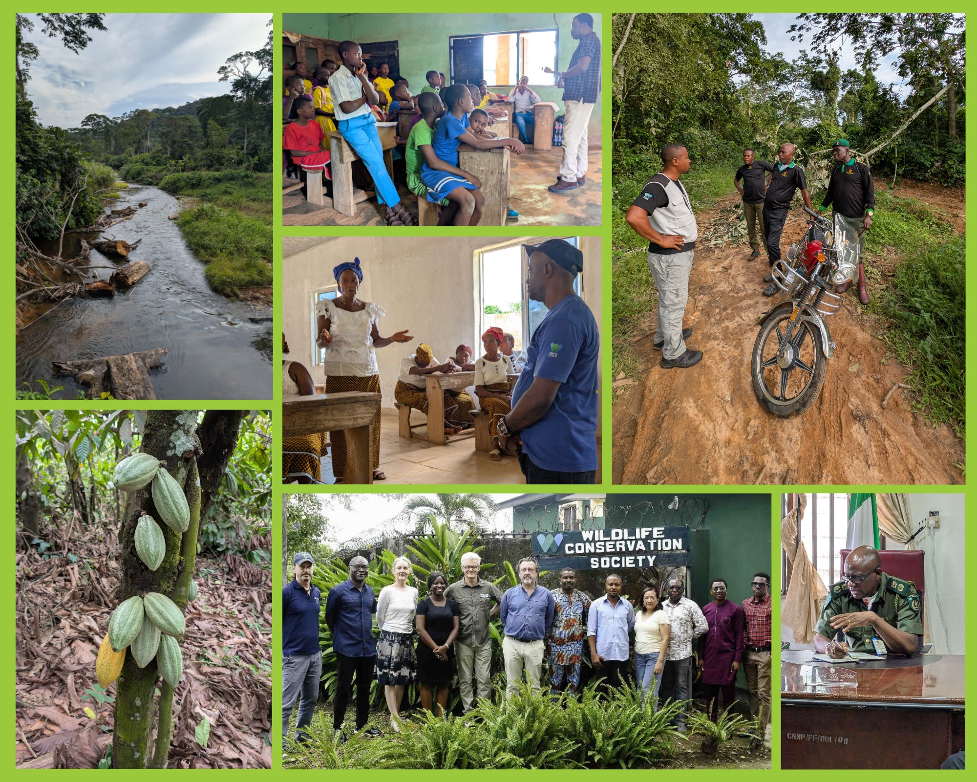 collage of images showing rangers, people, cocoa plants