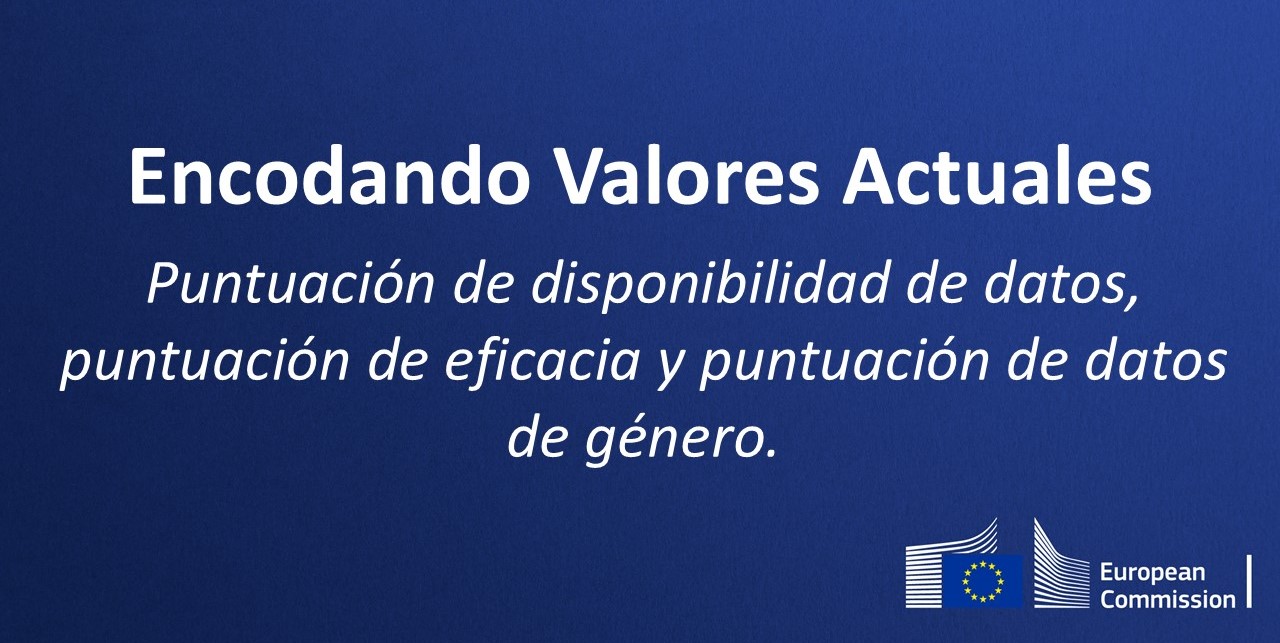 Slide where it is possible to read in Spanish Encodando Valores Actuales - Punctuacion de disponibilidade de datos, punctuacion de eficacia y punctuacion de datos de genero 
