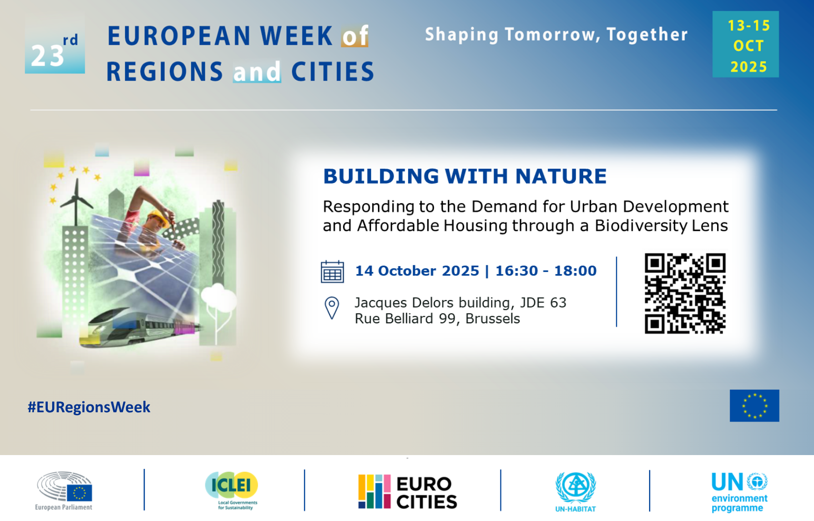 Visual of the Invitation to the session Building with Nature, responding to the Demand for Urban Development and Affordable Housing through a Biodiversity Lens on 14 October at 16:30-18:00 in the European Committee of the Regions 