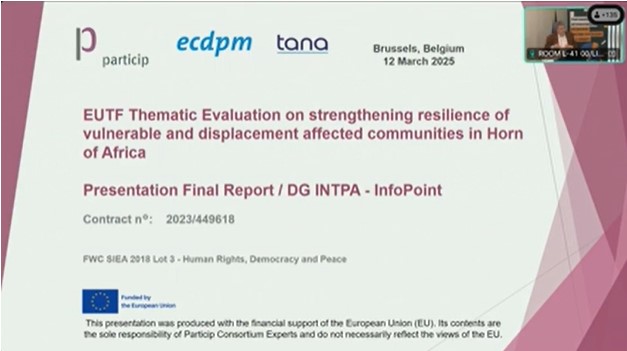 Decorative image of a screenshot of the cover of the presentation of the "InfoPoint conference: Resilience in complex settings - lessons learned from the EUTF in the Horn of Africa" 