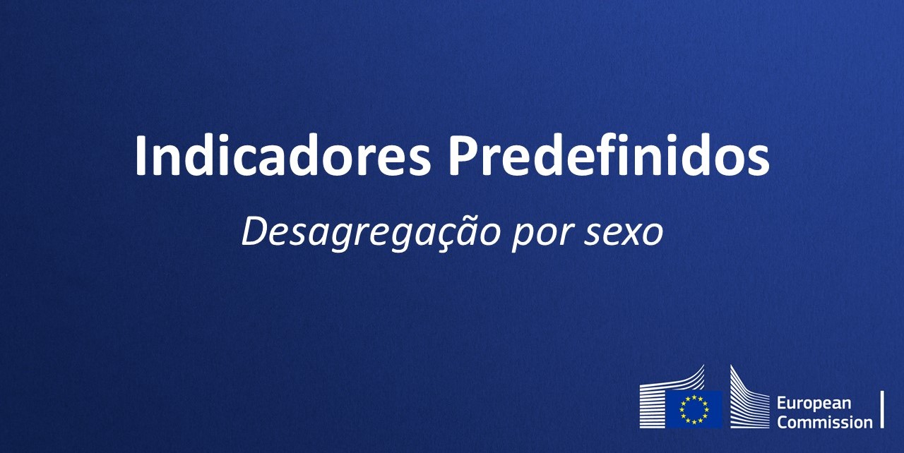 Decorative thumbnail with a call to action to click for watching the video recording in Portuguese of the webinar for implementing partners about the predefined indicators' sex disaggregation