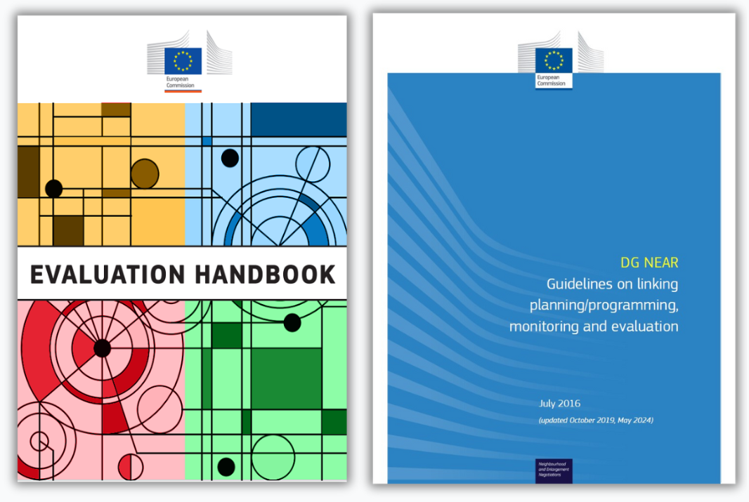 Cover photo of the Evaluation Handbook of FPI and INTPA and DG NEAR Guidelines on linking planning, programming, monitoring and evaluation to click and access the page with the two guides