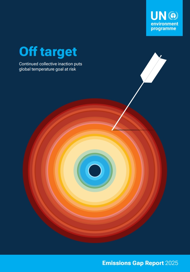 A dark blue background features a stylized target composed of concentric rings in shades of red, orange, yellow, and blue, symbolizing climate goals. An arrow is shown missing the center, landing off to the side, representing failure to meet targets. At the top left, bold blue text reads “Off target,” with a subtitle in white: “Continued collective inaction puts global temperature goal at risk.” The UNEP logo is in the top right corner, and a banner at the bottom has the title “Emissions Gap Report 2025".