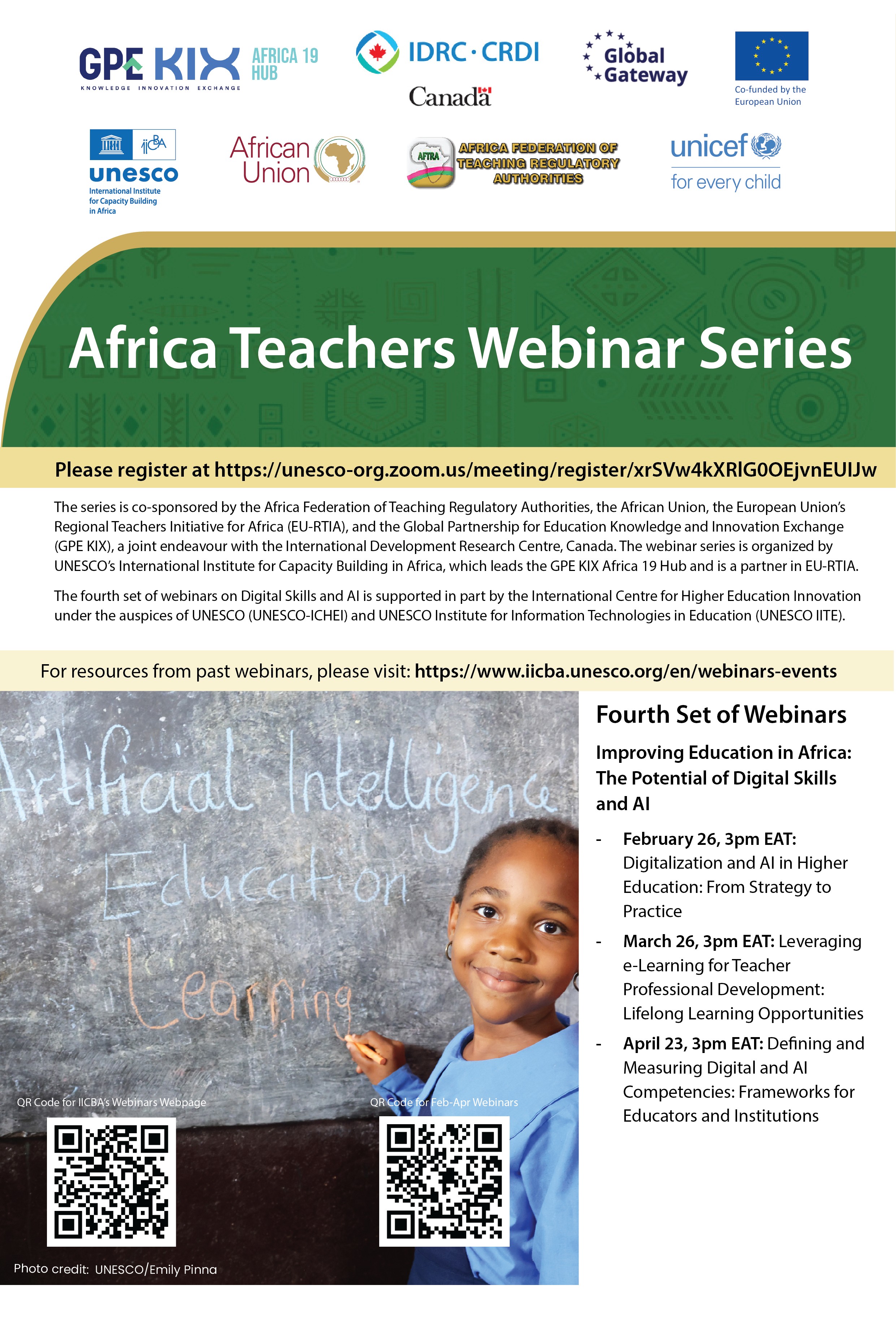 There is a child writing on the blackboard, the logos of the organisers of the webinar series and information about the webinars (as written in the main text).