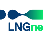 Symbol of a drop in gradient colour from blue to green, text LNGnet