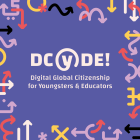 DCYDE! Letterin in beige on purple background with a picture of an IPad surrounded by many people.