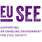 Logo in purple with the words EU SEE supporting an enabling environment for civil society early warning and monitoring mechanism