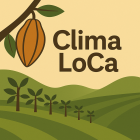 Minimalist cocoa plantation illustration with a large cocoa pod and green hills in the background, featuring the bold text “Clima LoCa” in the center.