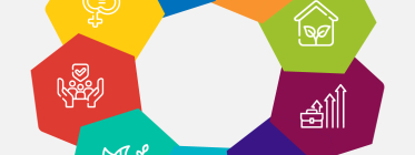 Design, Results and Reporting logo with 9 colours and symbols for thematic areas 