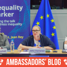 Martin Seychell , Erica Gerretsen , Jutta Urpilainen at a table, with a banner displayed prominently behind them.