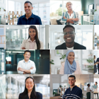 A mosaic of pictures of people of different nationalities smiling to the camera
