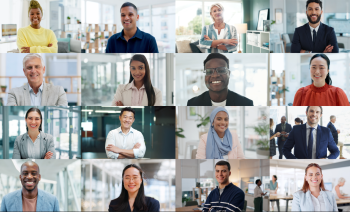 A mosaic of pictures of people of different nationalities smiling to the camera