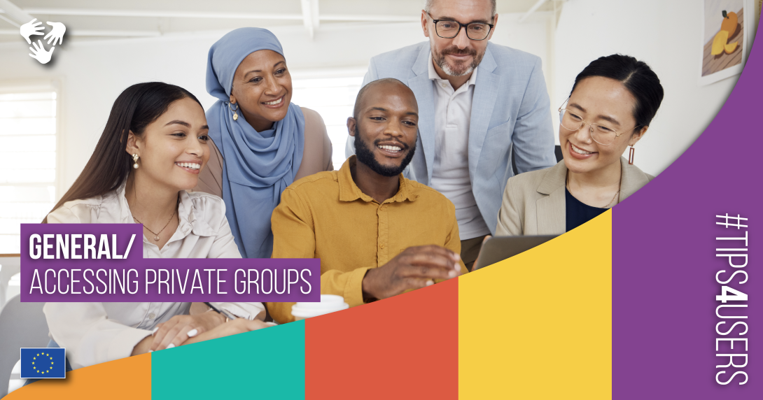 Happy people looking at a computer screen. Text on the screen: General/Accessing Private Groups #Tips4users