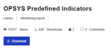 This image shows a screenshot of an OPSYS Predefined Indicators document header from what appears to be a document management system. At the top, the title "OPSYS Predefined Indicators" is displayed in bold black text. Below the title, there are two tabs: "Library" and "Monitoring report". Underneath the tabs, there is a statistics bar showing engagement metrics. From left to right, it displays: an eye icon followed by "10337 Views", a download icon followed by "640 Downloads", a thumbs up icon followed by "2", and a comment icon followed by "0 Comments". At the bottom of the image, there is a blue button labeled "Download" with a download arrow icon on the left side of the text.