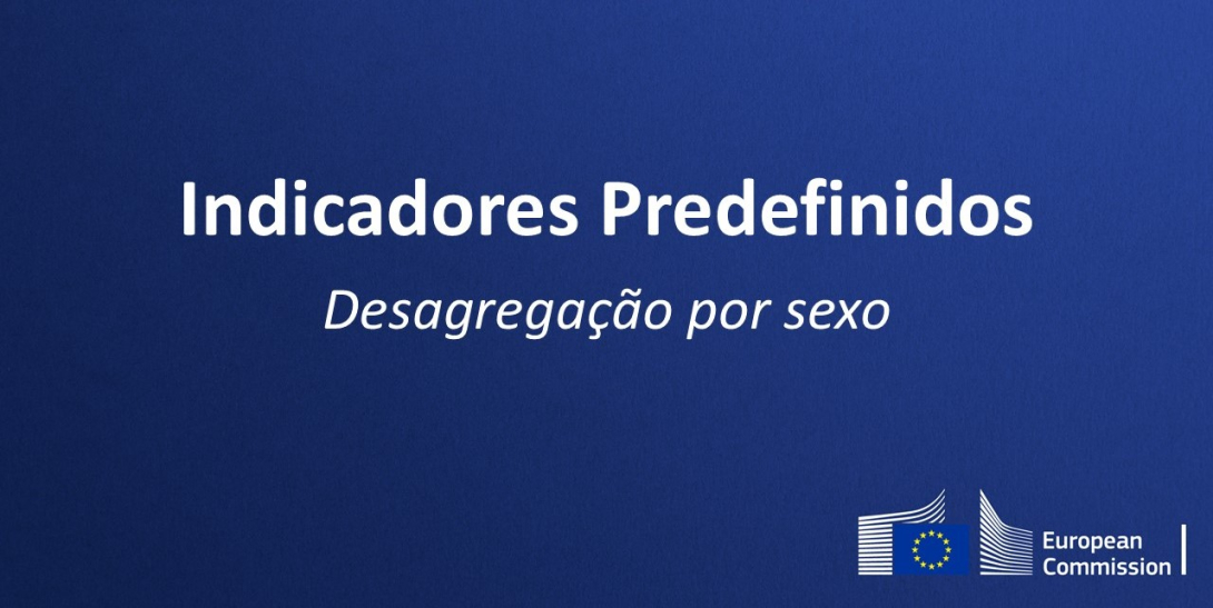 Decorative thumbnail with a call to action to click for watching the video recording in Portuguese of the webinar for implementing partners about the predefined indicators' sex disaggregation