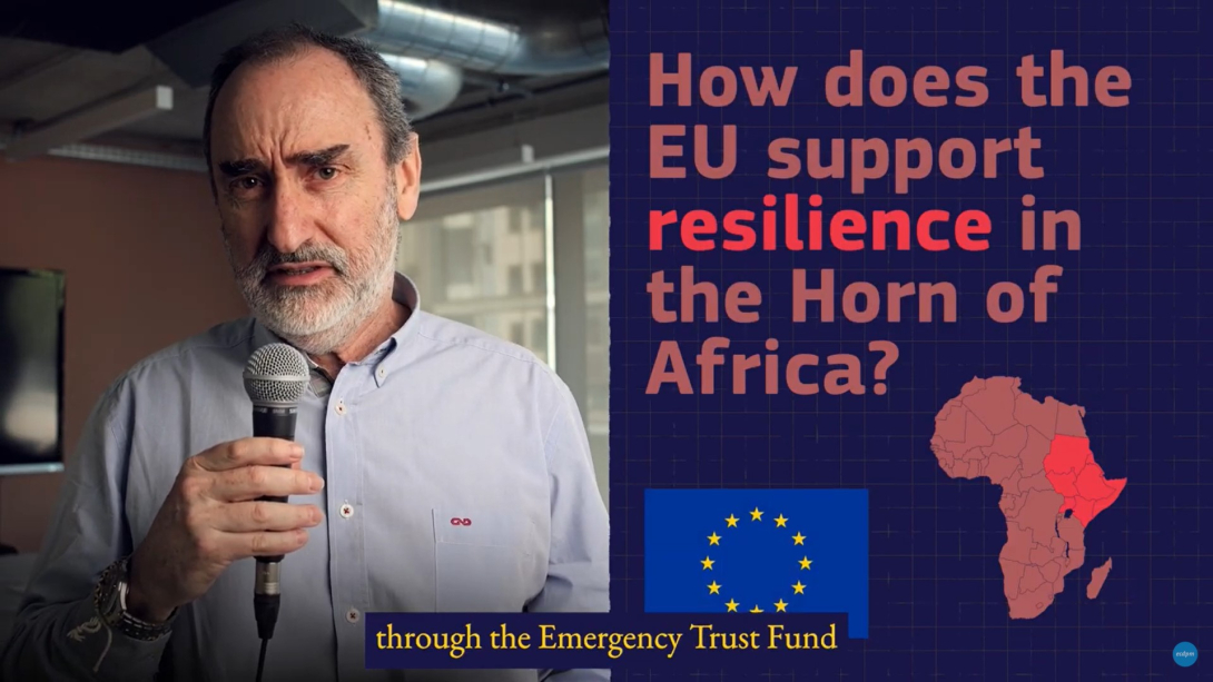 Screenshot of video with a frame where it is read: "How does the EU support resilience in the Horn of Africa?"